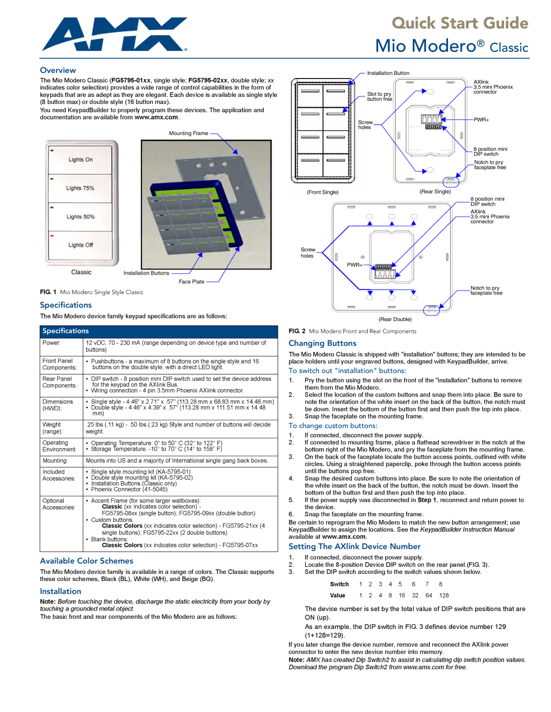 AMX Classic quick start Overview, Specifications, Available Color Schemes, Changing Buttons, Installation 