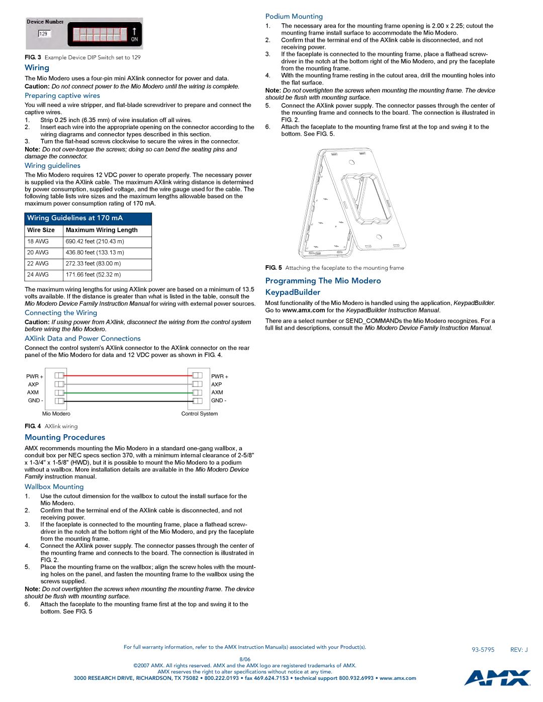 AMX Classic quick start Wiring, Programming The Mio Modero KeypadBuilder, Mounting Procedures 