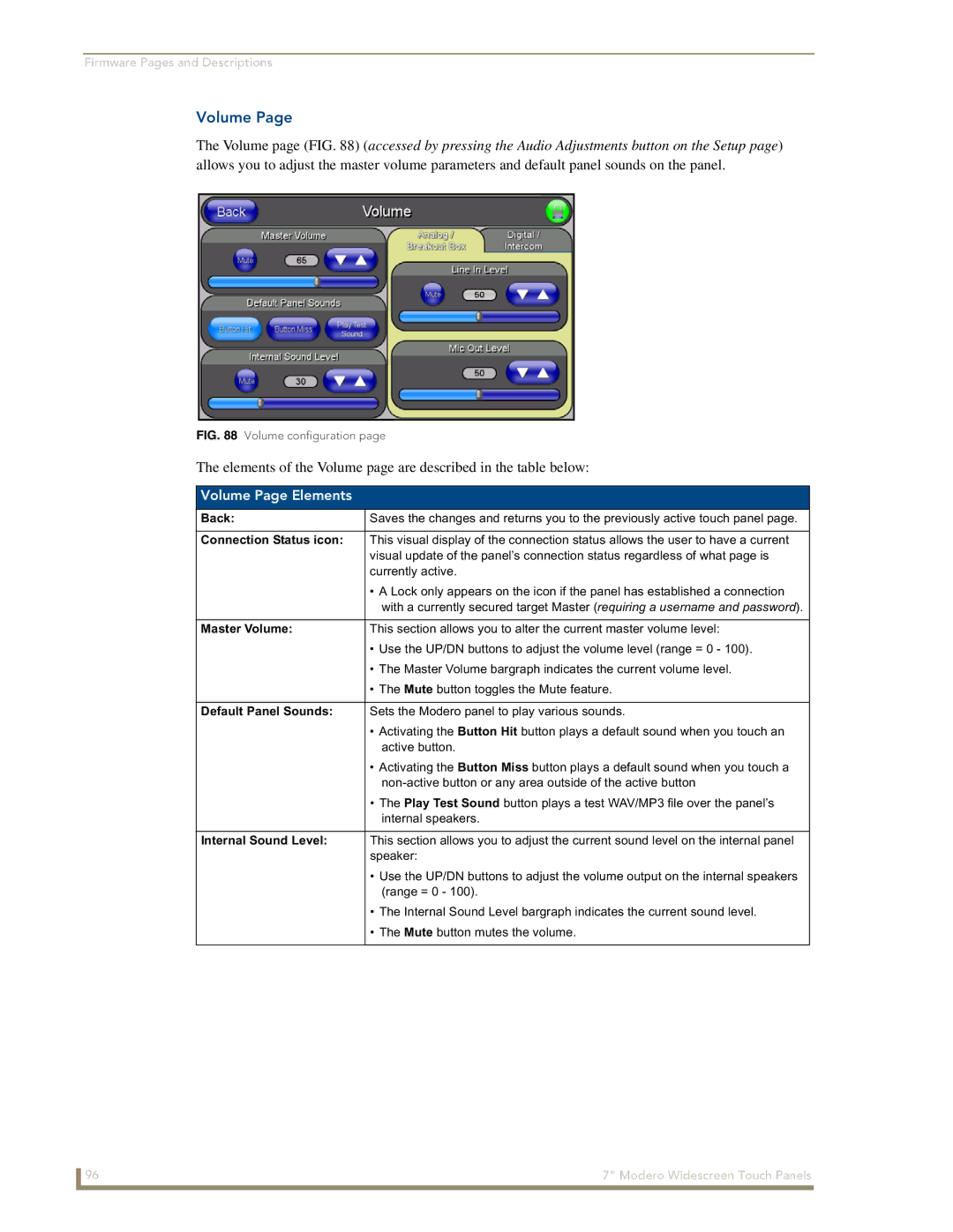 AMX CV7 manual Volume Page Elements, Master Volume, Default Panel Sounds, Internal Sound Level 