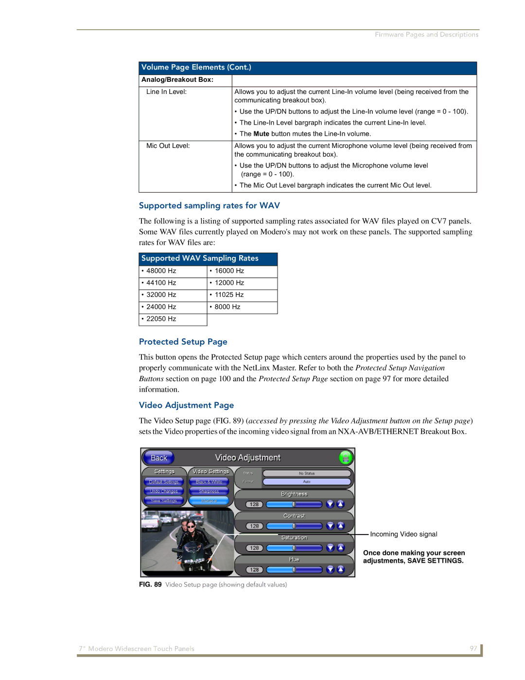 AMX CV7 manual Supported sampling rates for WAV, Protected Setup, Video Adjustment, Supported WAV Sampling Rates 