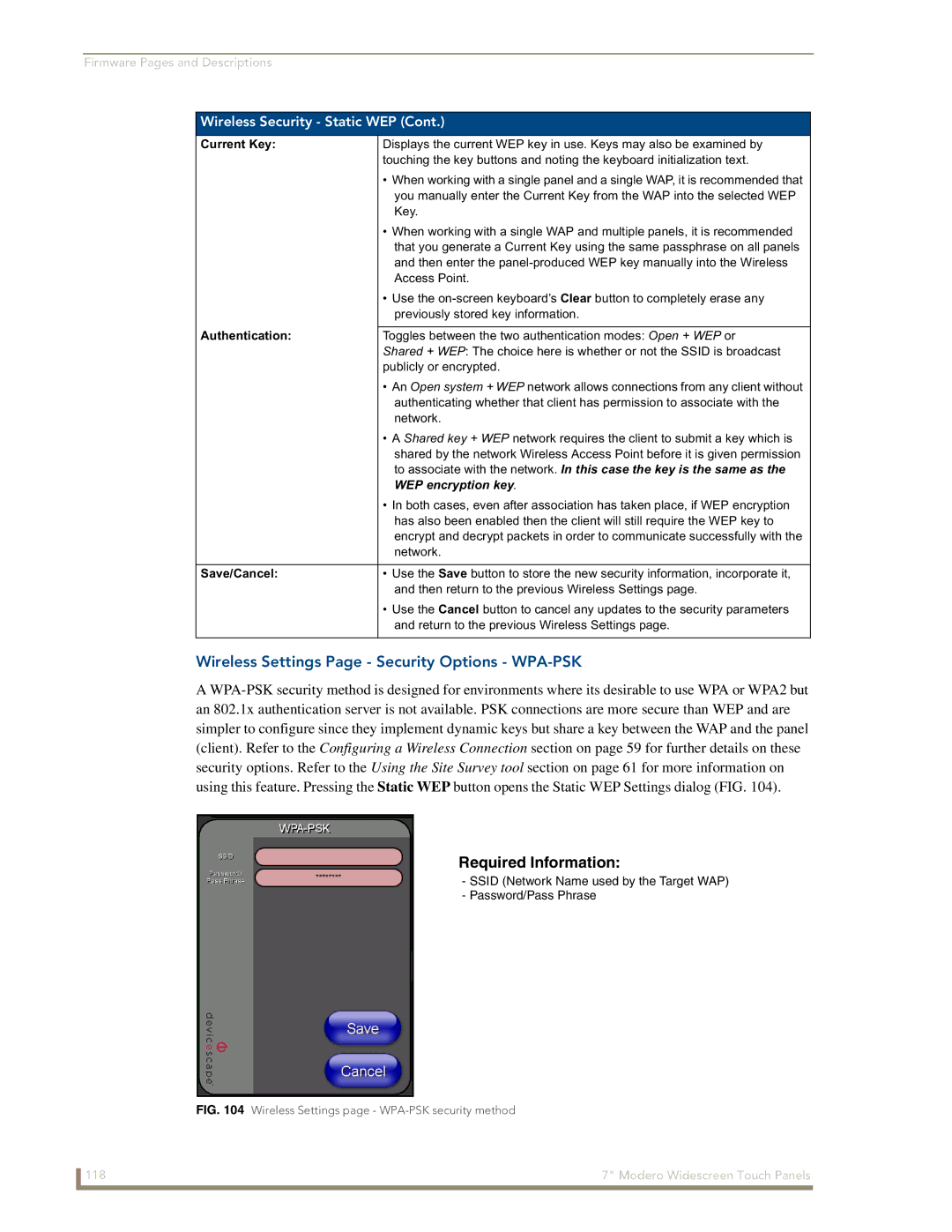 AMX CV7 manual Wireless Settings Page Security Options WPA-PSK, Current Key, Authentication 