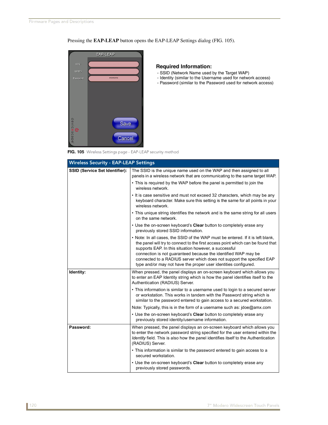 AMX CV7 manual Wireless Security EAP-LEAP Settings, Identity, Password 