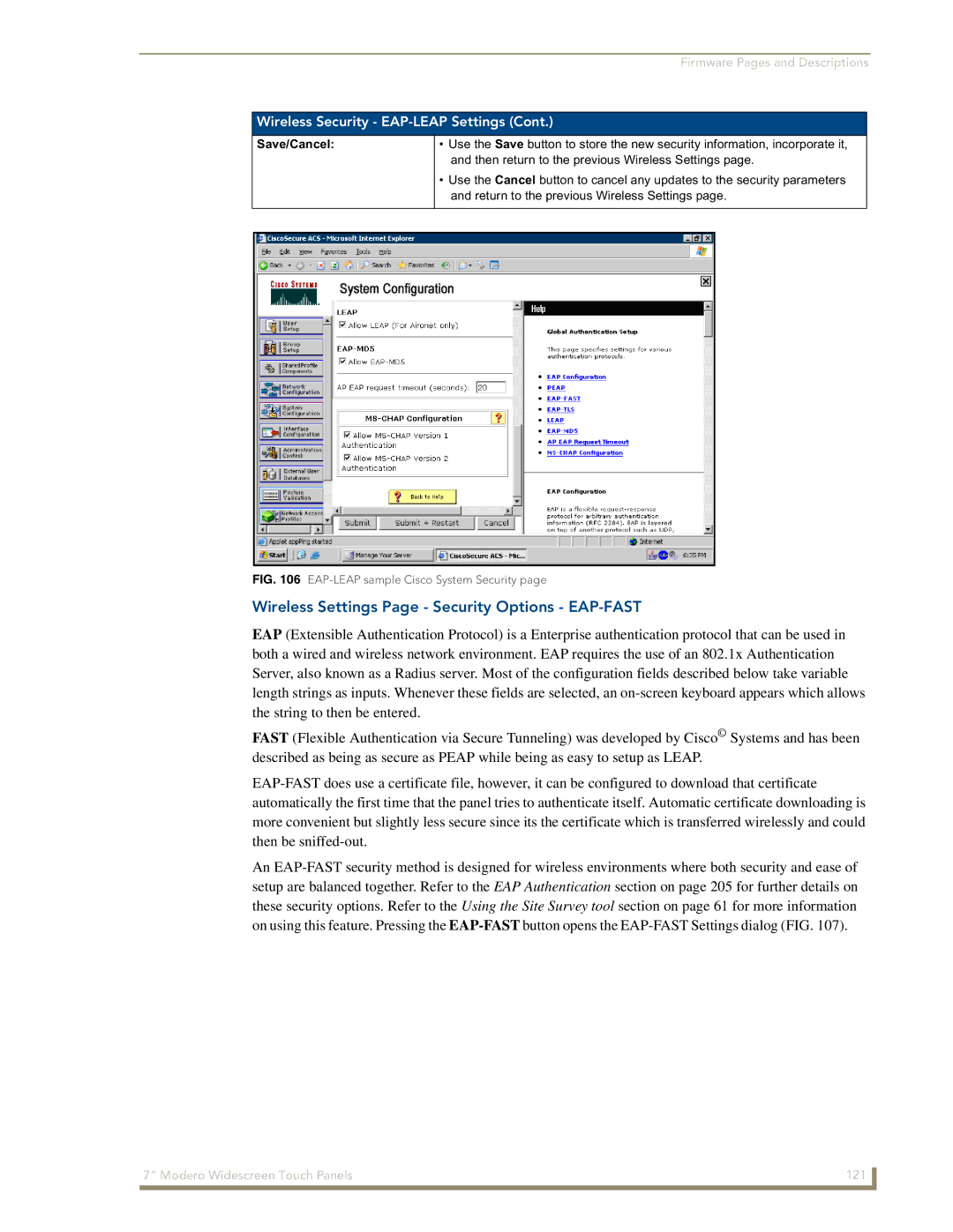 AMX CV7 manual Wireless Settings Page Security Options EAP-FAST, EAP-LEAP sample Cisco System Security 