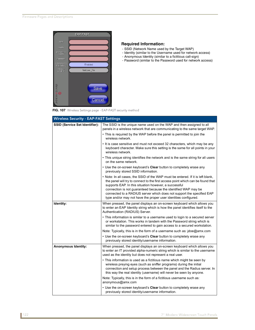 AMX CV7 manual Wireless Security EAP-FAST Settings, Anonymous Identity 