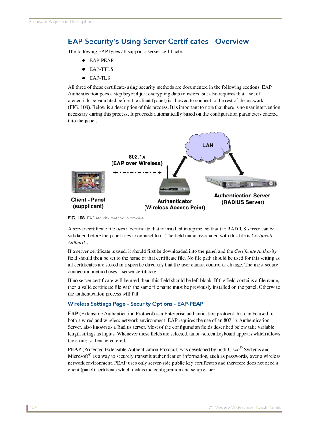 AMX CV7 manual EAP Security’s Using Server Certificates Overview, Wireless Settings Page Security Options EAP-PEAP 