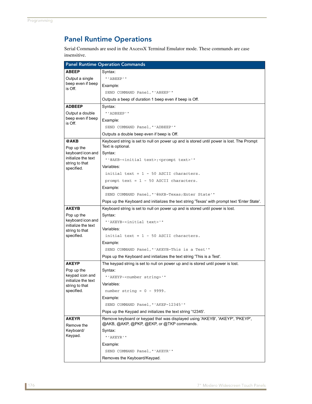 AMX CV7 manual Panel Runtime Operations, Panel Runtime Operation Commands 