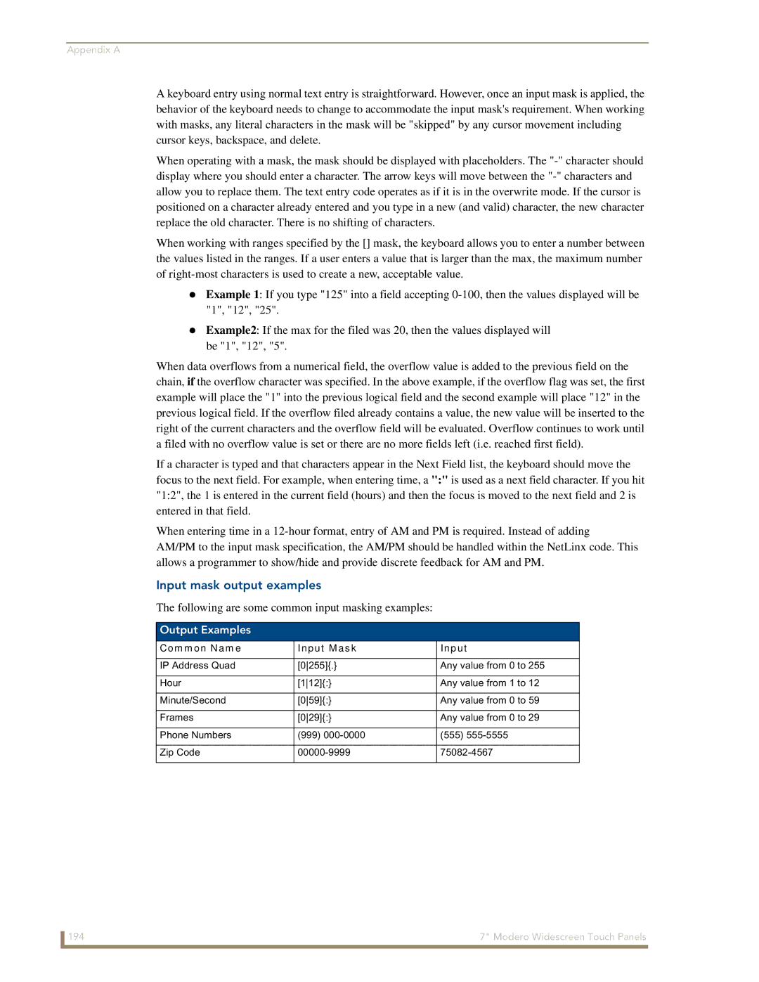 AMX CV7 manual Input mask output examples, Output Examples, Common Name Input Mask 