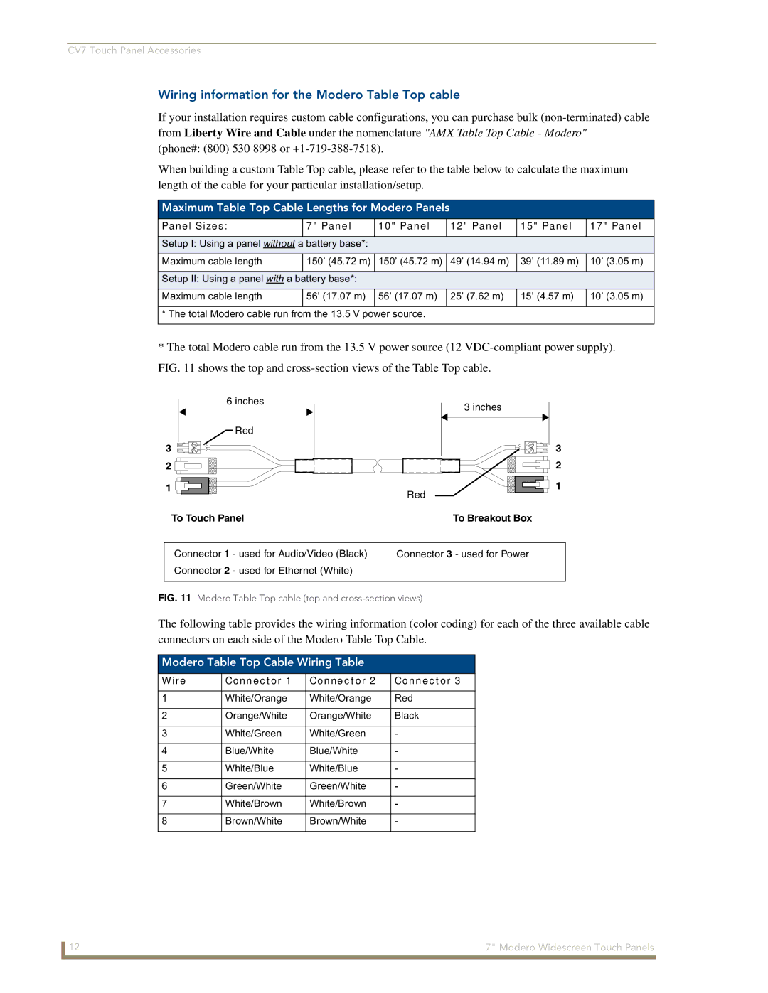 AMX CV7 manual Wiring information for the Modero Table Top cable, Maximum Table Top Cable Lengths for Modero Panels 