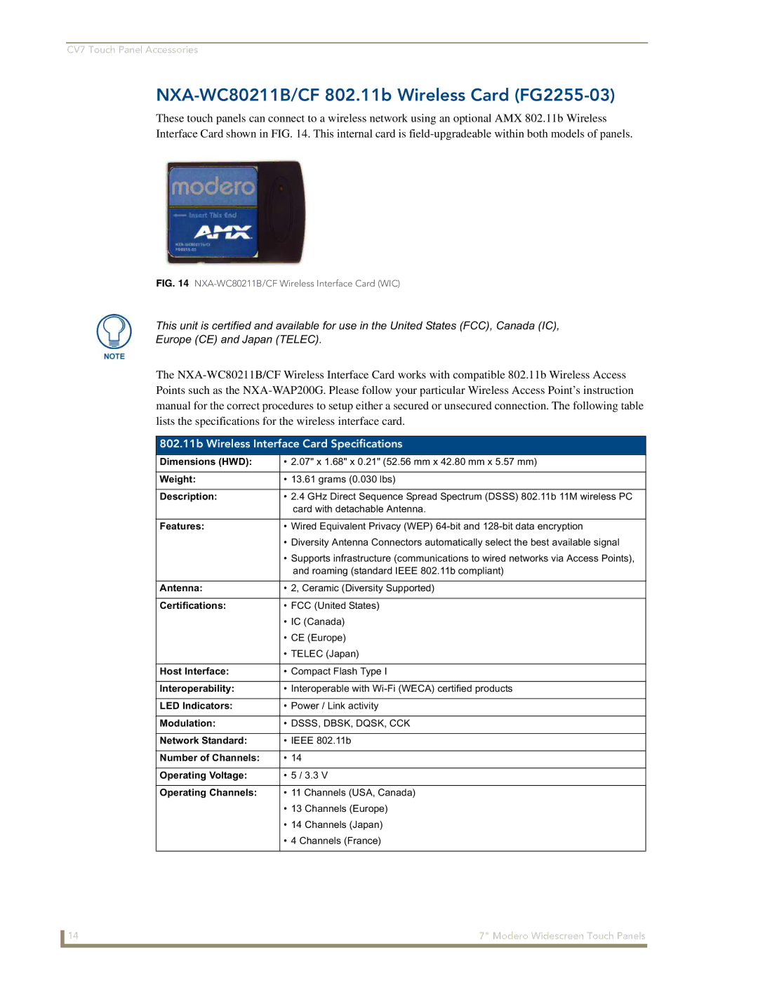 AMX CV7 manual NXA-WC80211B/CF 802.11b Wireless Card FG2255-03, 802.11b Wireless Interface Card Specifications 