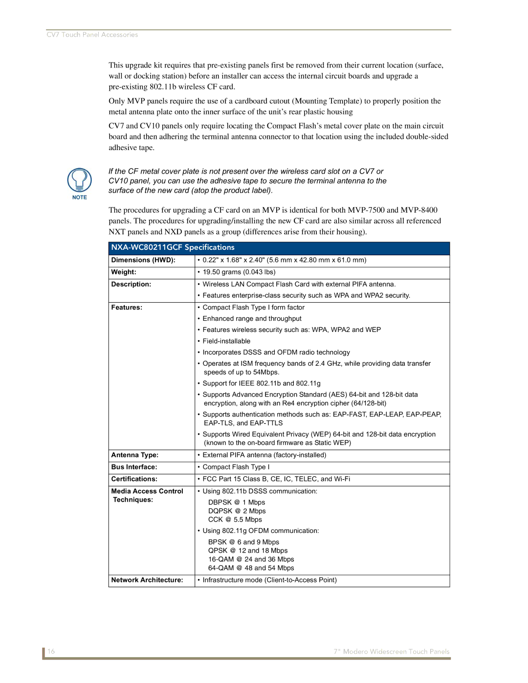 AMX CV7 manual NXA-WC80211GCF Specifications 