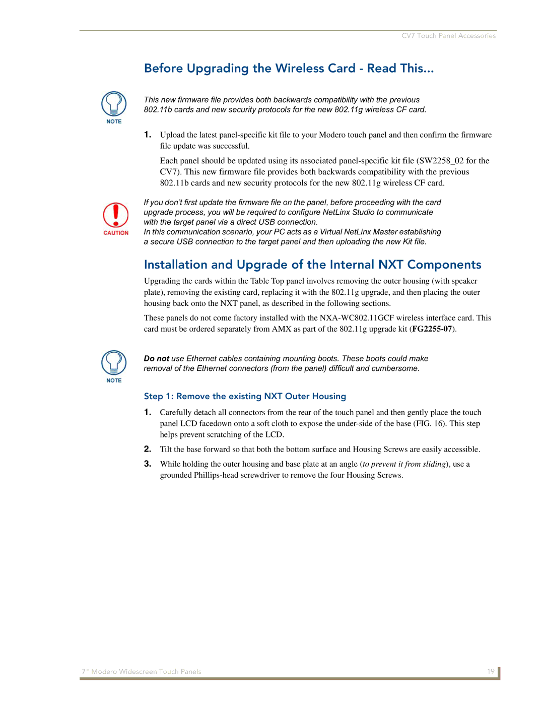 AMX CV7 manual Before Upgrading the Wireless Card Read This, Installation and Upgrade of the Internal NXT Components 