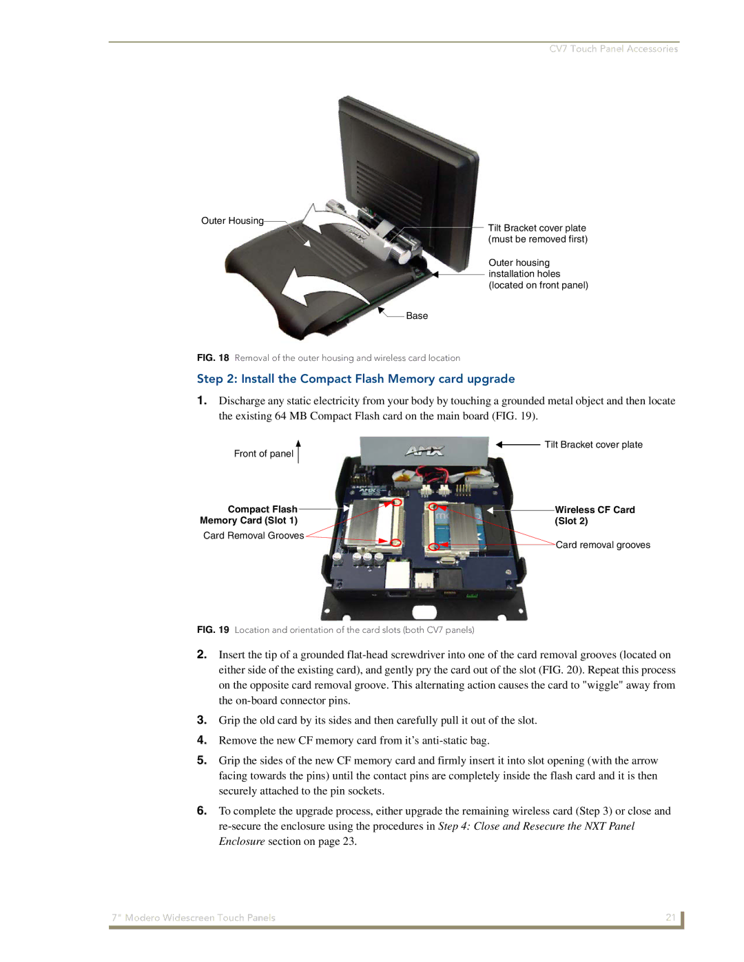 AMX CV7 manual Install the Compact Flash Memory card upgrade, Removal of the outer housing and wireless card location 