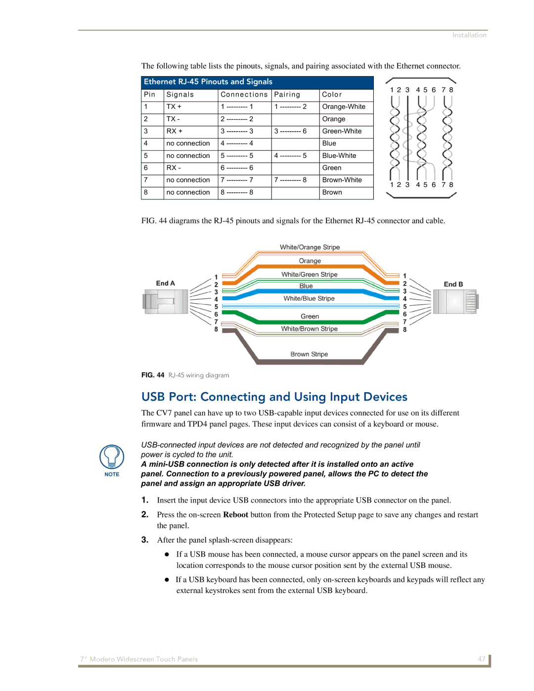 AMX CV7 manual USB Port Connecting and Using Input Devices, Ethernet RJ-45 Pinouts and Signals 