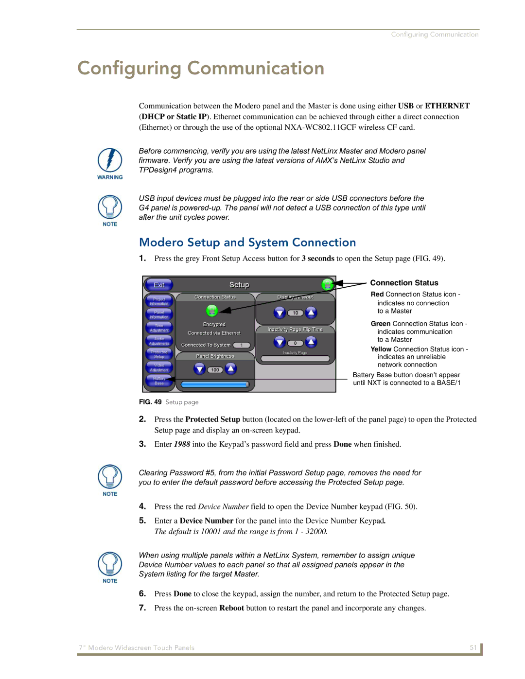 AMX CV7 manual Configuring Communication, Modero Setup and System Connection 