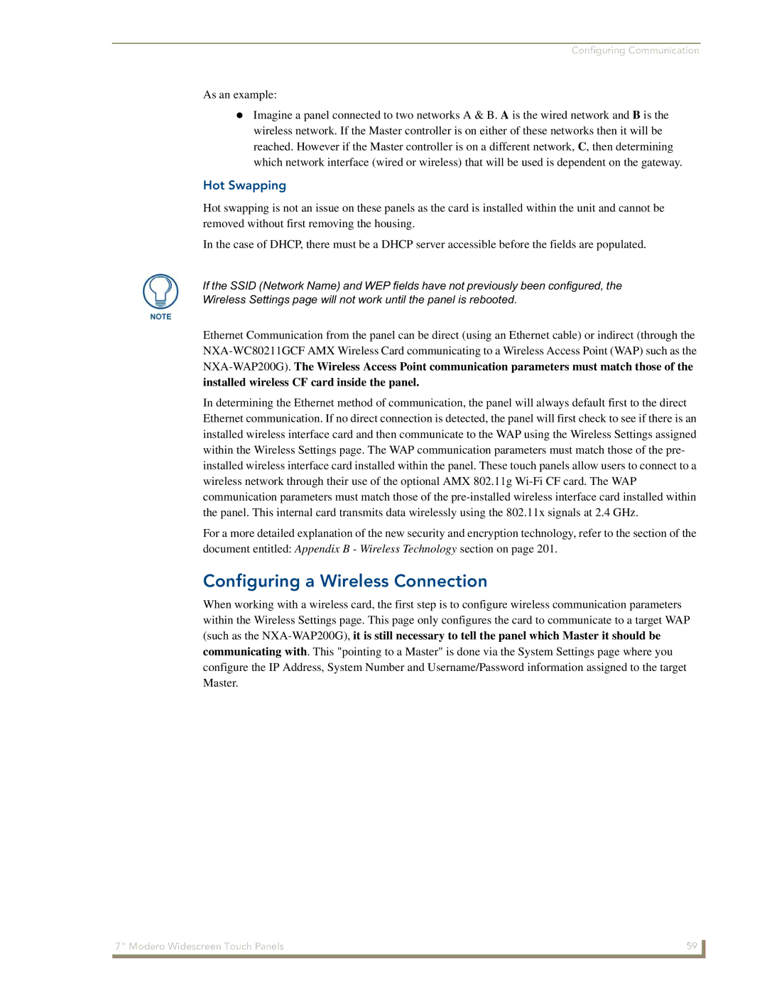 AMX CV7 manual Configuring a Wireless Connection, Hot Swapping 