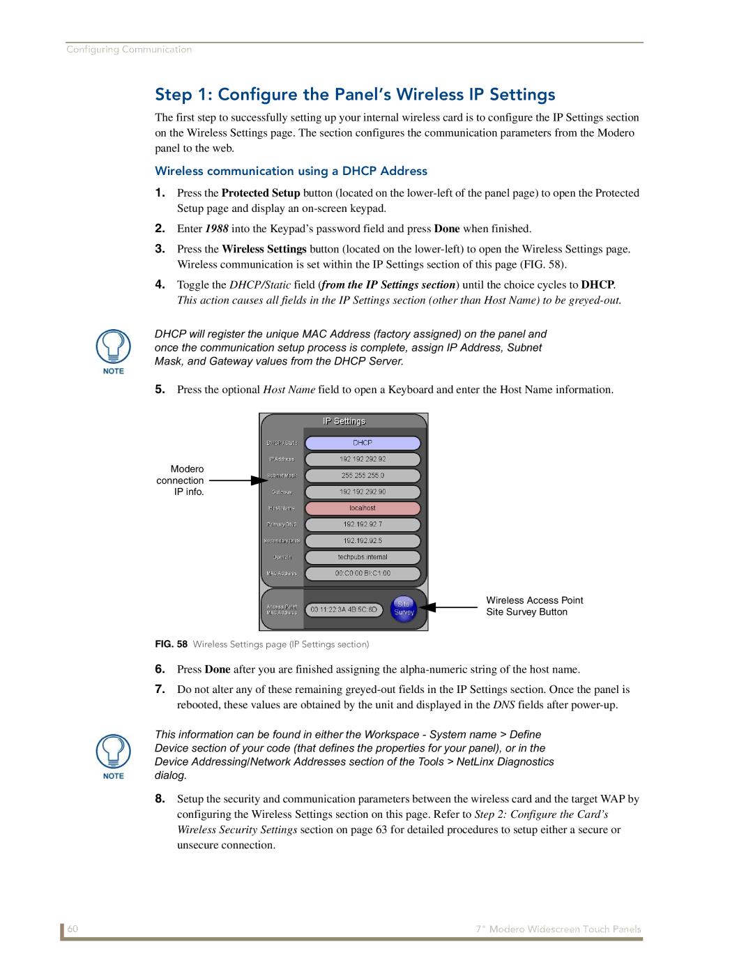 AMX CV7 manual Configure the Panel’s Wireless IP Settings, Wireless communication using a Dhcp Address 