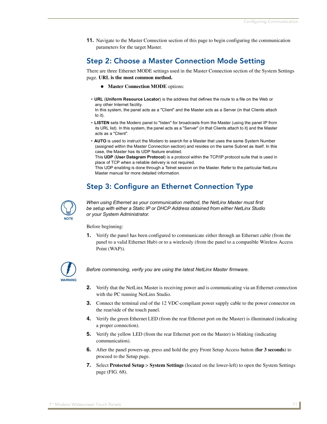 AMX CV7 manual Choose a Master Connection Mode Setting, Configure an Ethernet Connection Type 