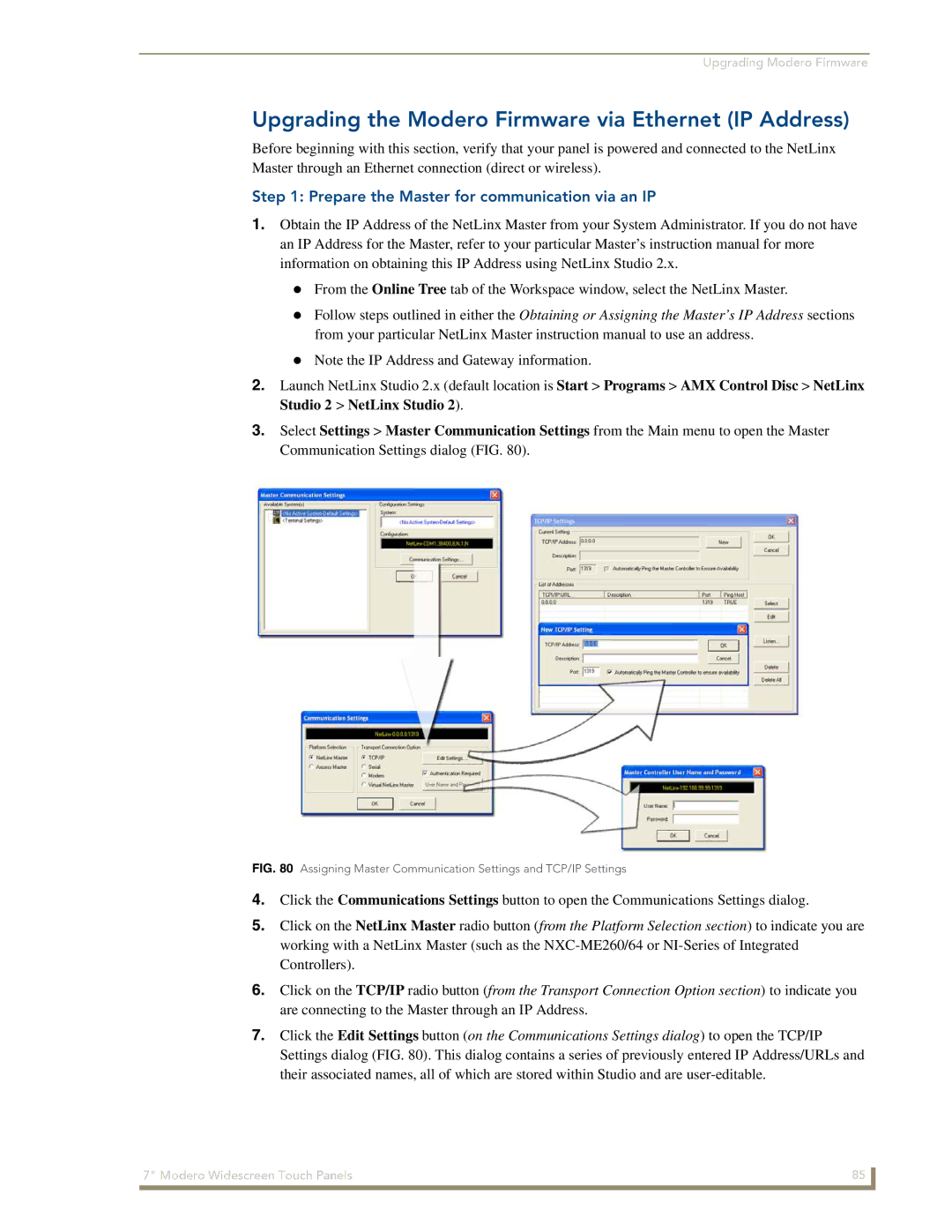 AMX CV7 manual Upgrading the Modero Firmware via Ethernet IP Address, Prepare the Master for communication via an IP 