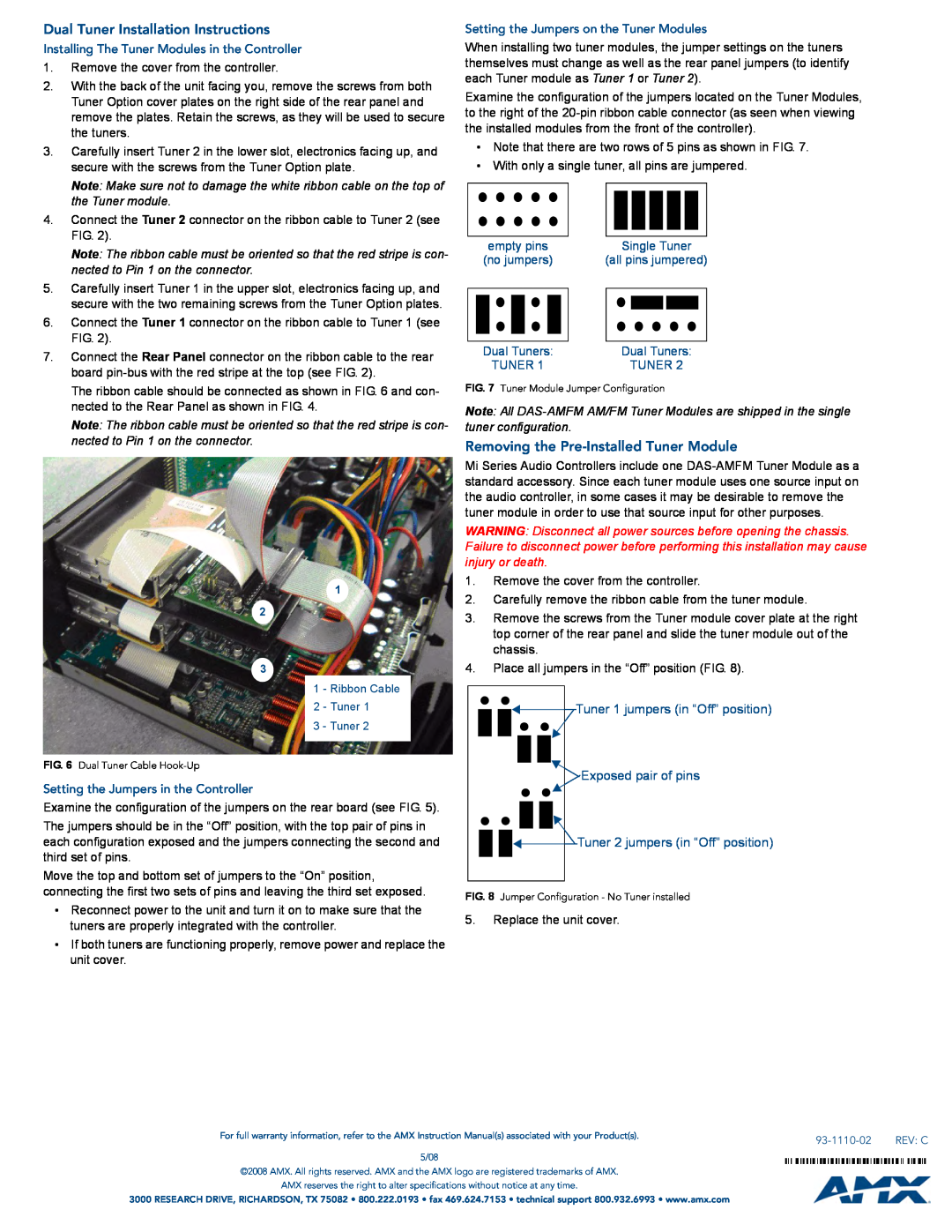 AMX DAS-AMFM installation instructions Dual Tuner Installation Instructions, Removing the Pre-InstalledTuner Module 