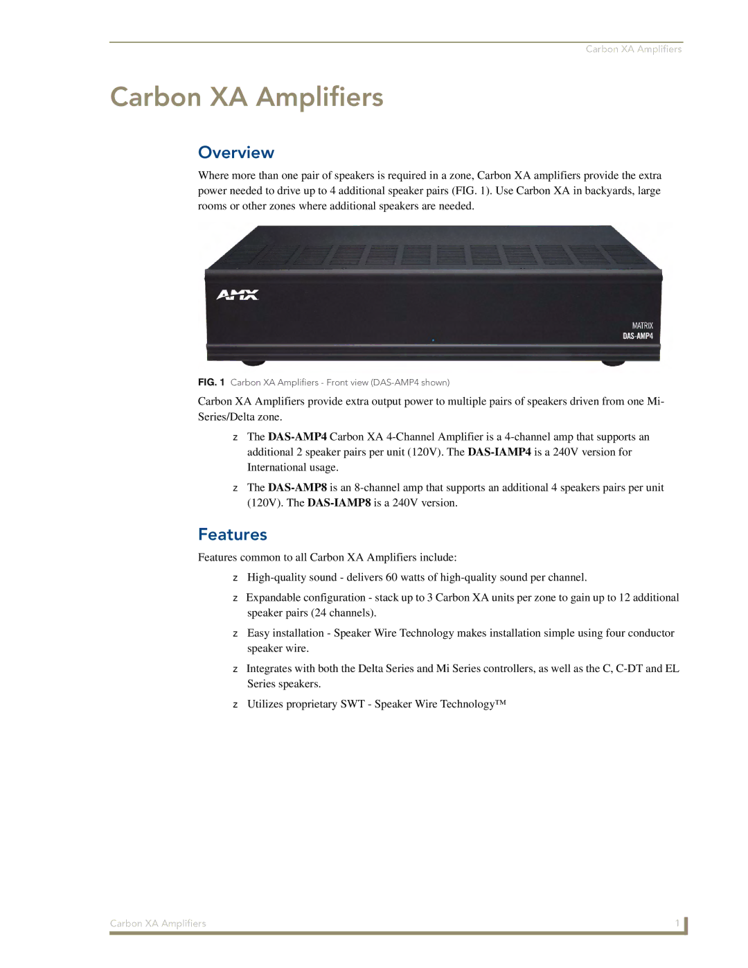 AMX DAS-AMP4 manual Carbon XA Amplifiers, Overview, Features 