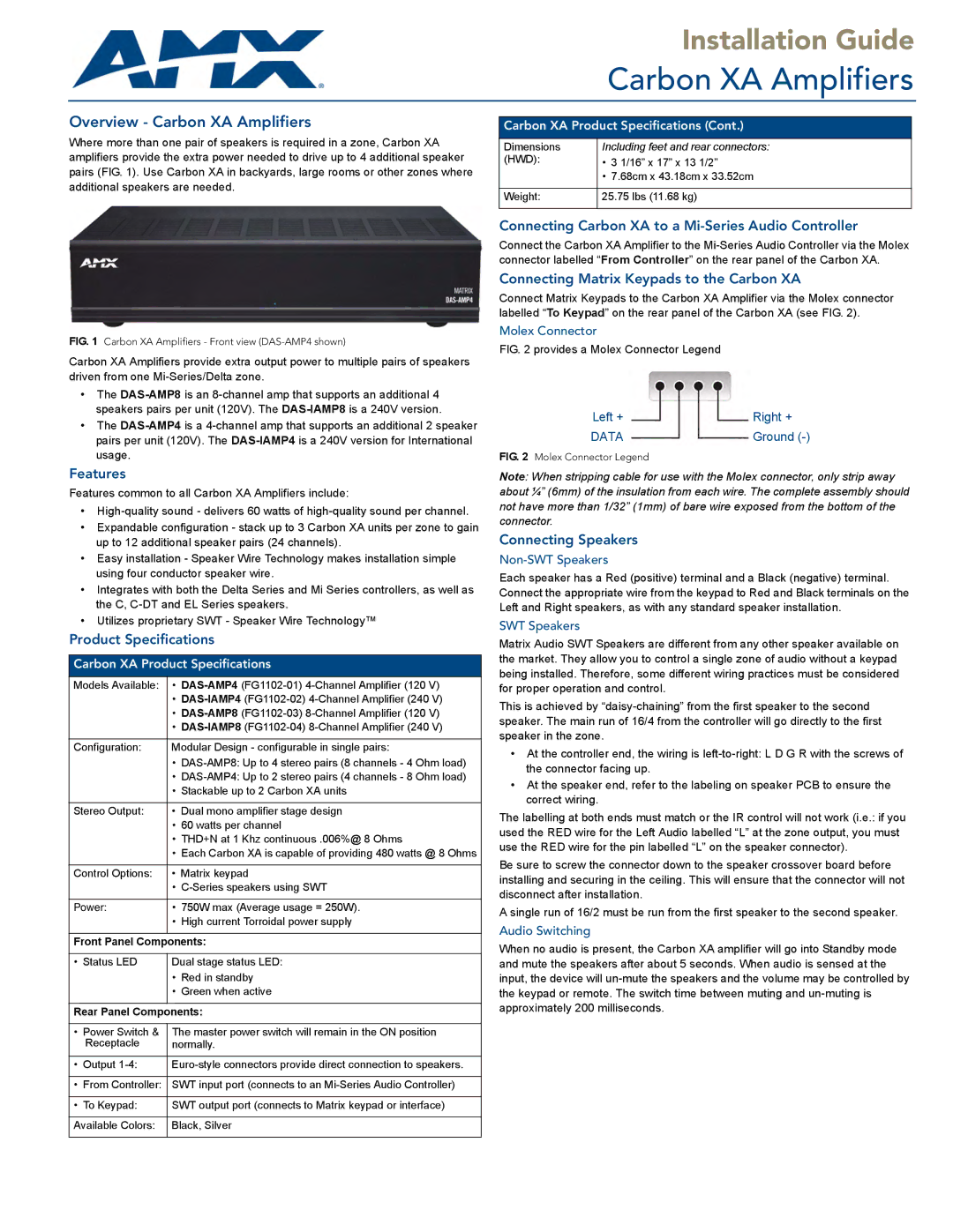 AMX DAS-IAMP8 specifications Features, Product Specifications, Connecting Carbon XA to a Mi-Series Audio Controller 