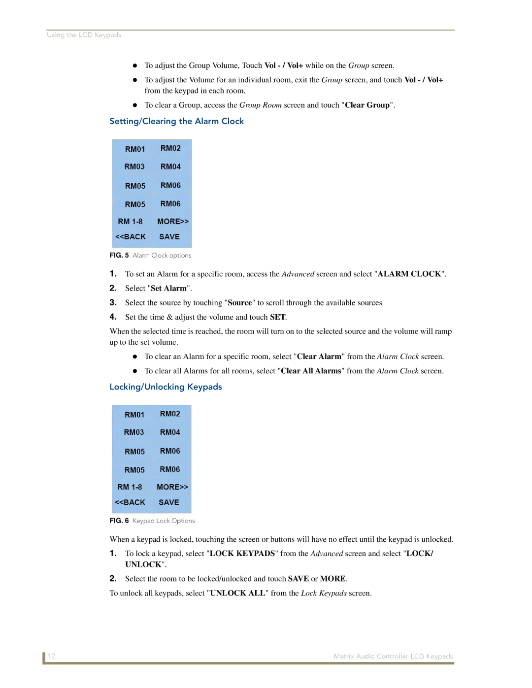 AMX DAS-KP-LCDS-W, DAS-KP-LCD-G manual Setting/Clearing the Alarm Clock, Locking/Unlocking Keypads 