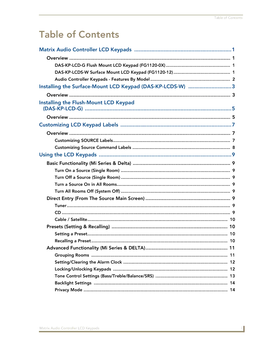 AMX DAS-KP-LCD-G, DAS-KP-LCDS-W manual Table of Contents 