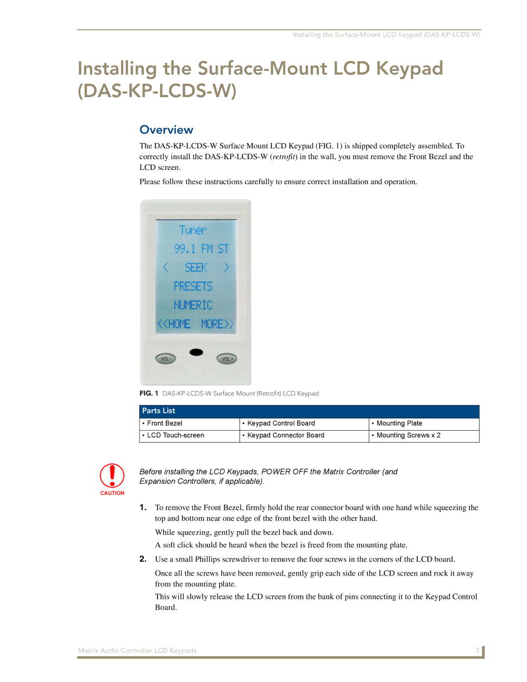 AMX DAS-KP-LCD-G manual Installing the Surface-Mount LCD Keypad DAS-KP-LCDS-W, Parts List 