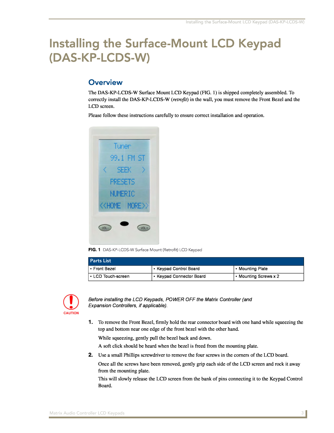 AMX DAS-KP-LCD-G, DAS-KP-LCDS-W manual Overview, Parts List, Expansion Controllers, if applicable 