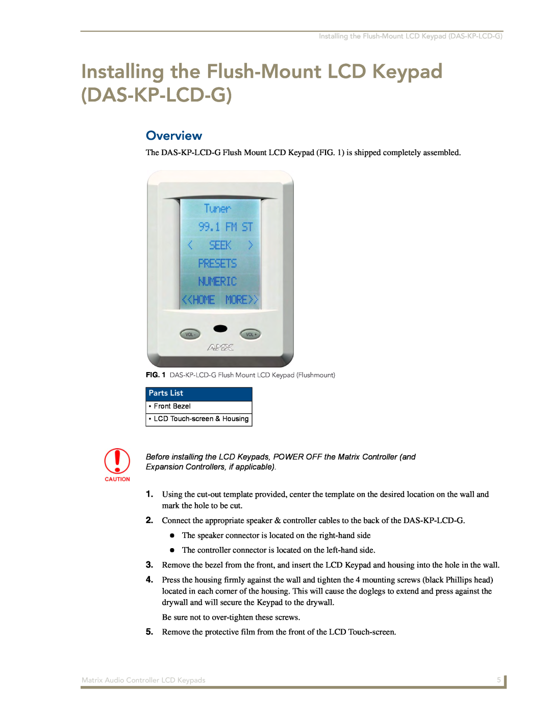 AMX DAS-KP-LCDS-W manual Installing the Flush-MountLCD Keypad DAS-KP-LCD-G, Overview 