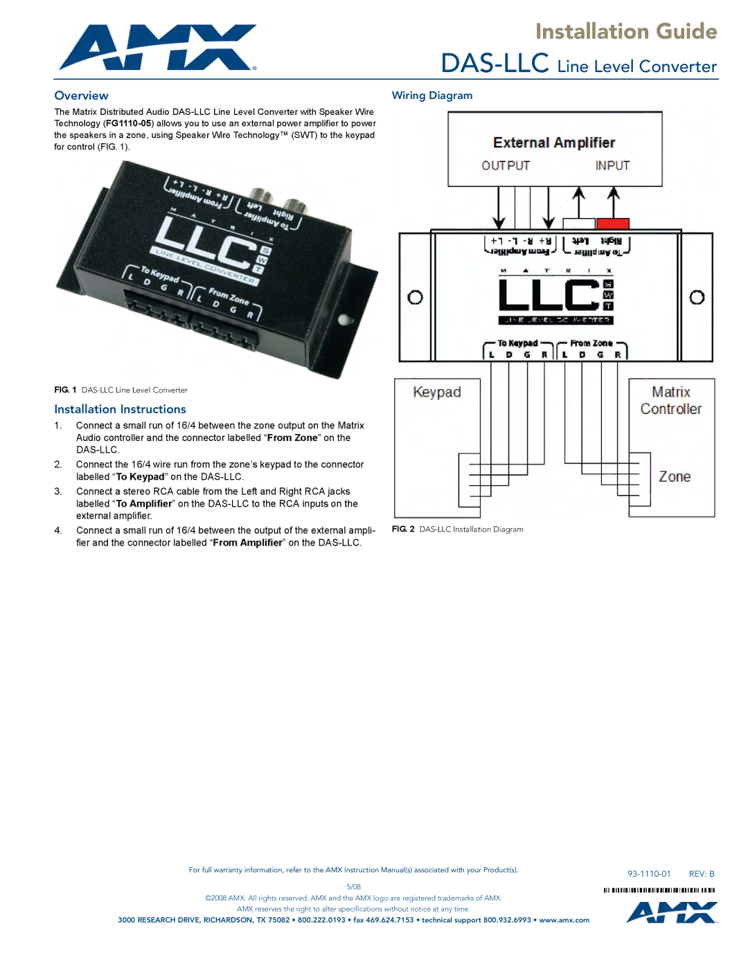 AMX installation instructions Installation Guide, DAS-LLCLine Level Converter, Overview, Installation Instructions 