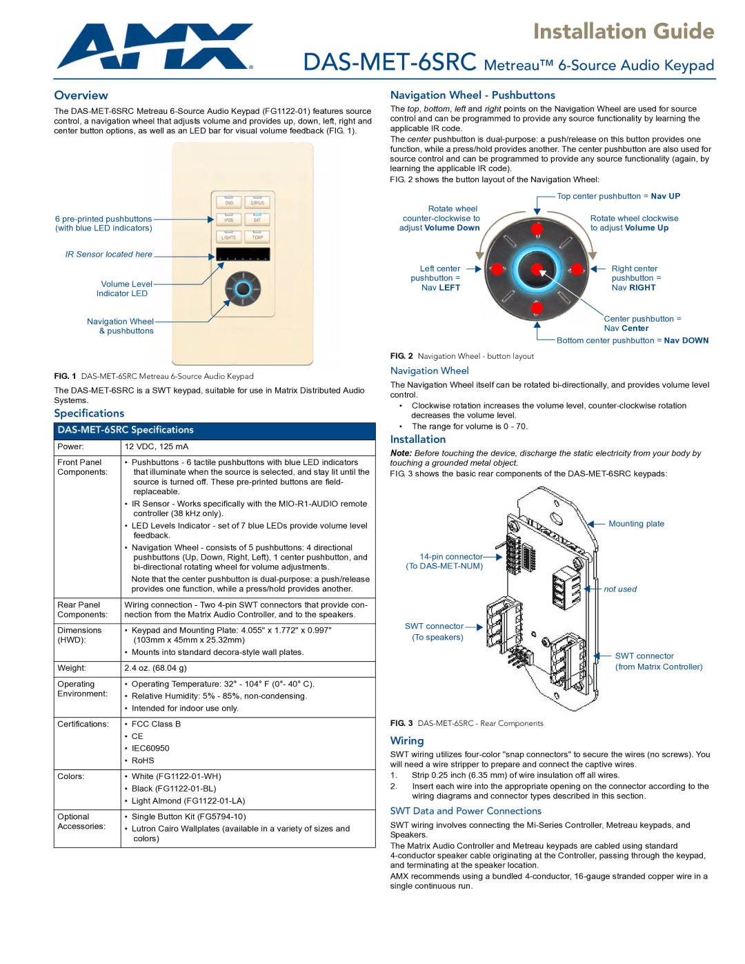 AMX DAS-MET-6SRC specifications Specifications, Navigation Wheel Pushbuttons, Installation, Wiring 