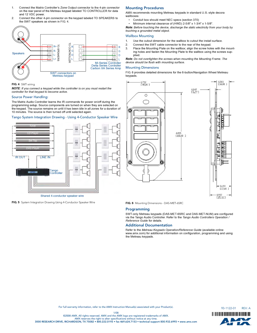 AMX DAS-MET-6SRC specifications Mounting Procedures, Programming, Additional Documentation 