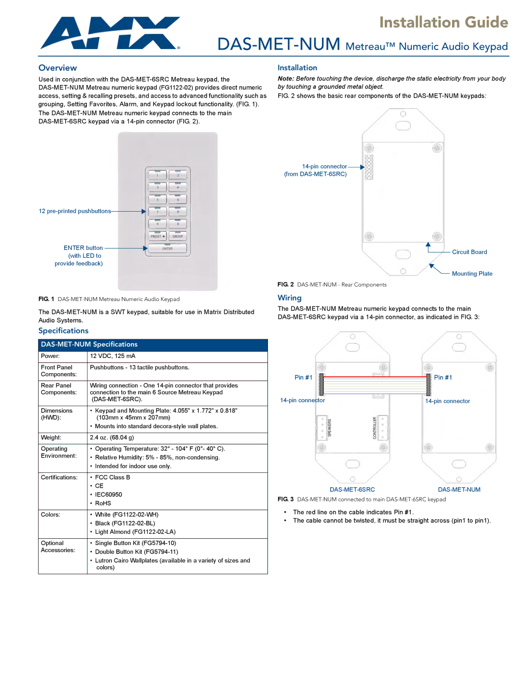 AMX DAS-MET-NUM specifications Installation, Wiring, Specifications 