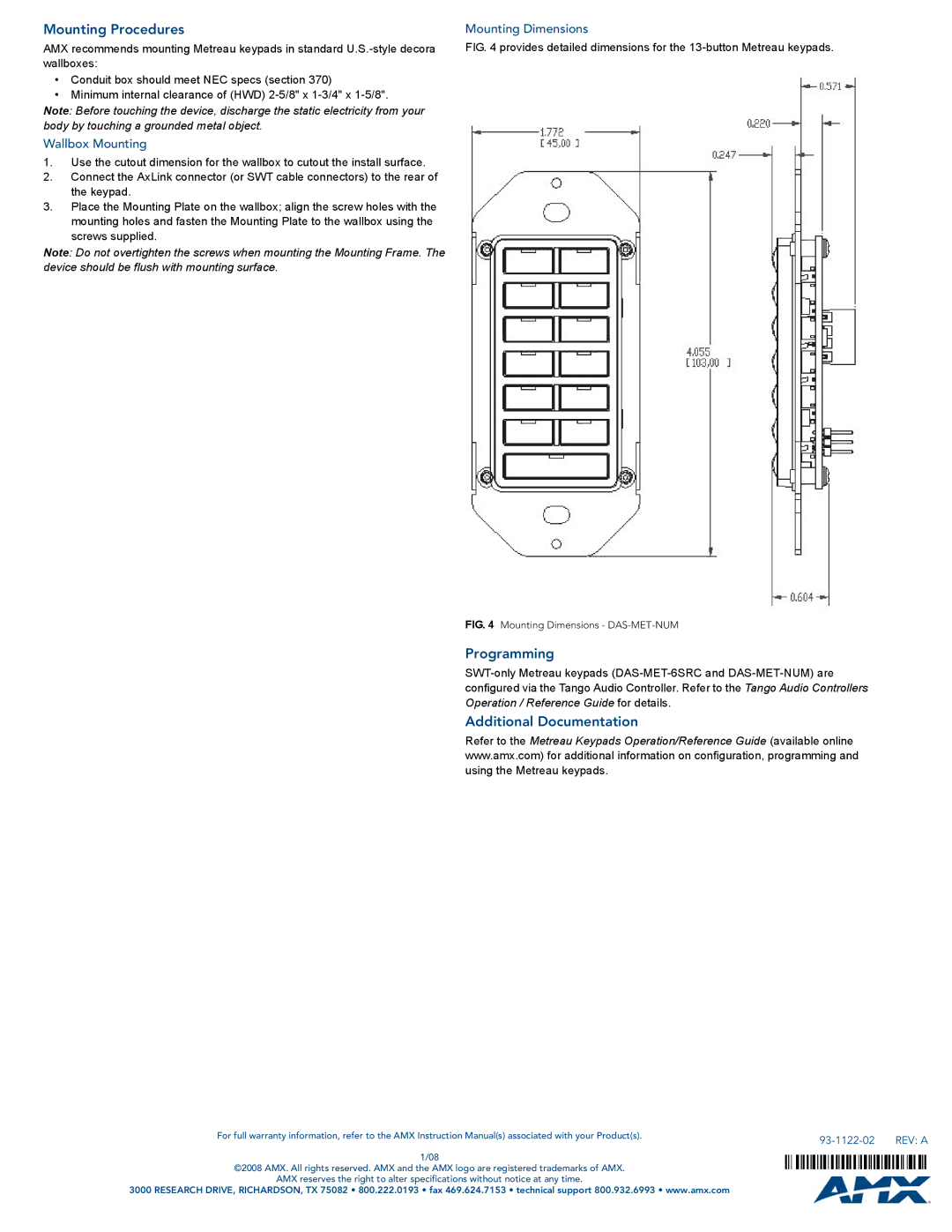 AMX DAS-MET-NUM specifications Mounting Procedures, Programming, Additional Documentation 