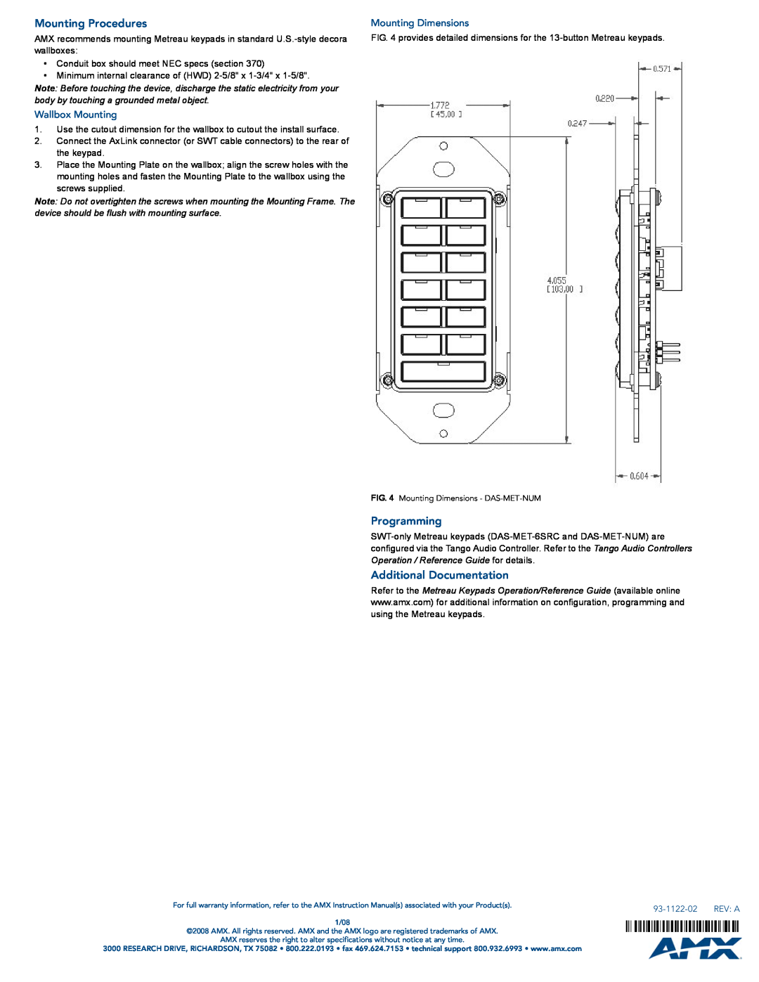 AMX DAS-MET-NUM Mounting Procedures, Programming, Additional Documentation, Wallbox Mounting, Mounting Dimensions 