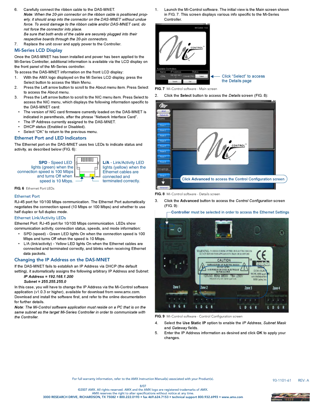 AMX manual Mi-Series LCD Display, Ethernet Port and LED Indicators, Changing the IP Address on the DAS-MNET 