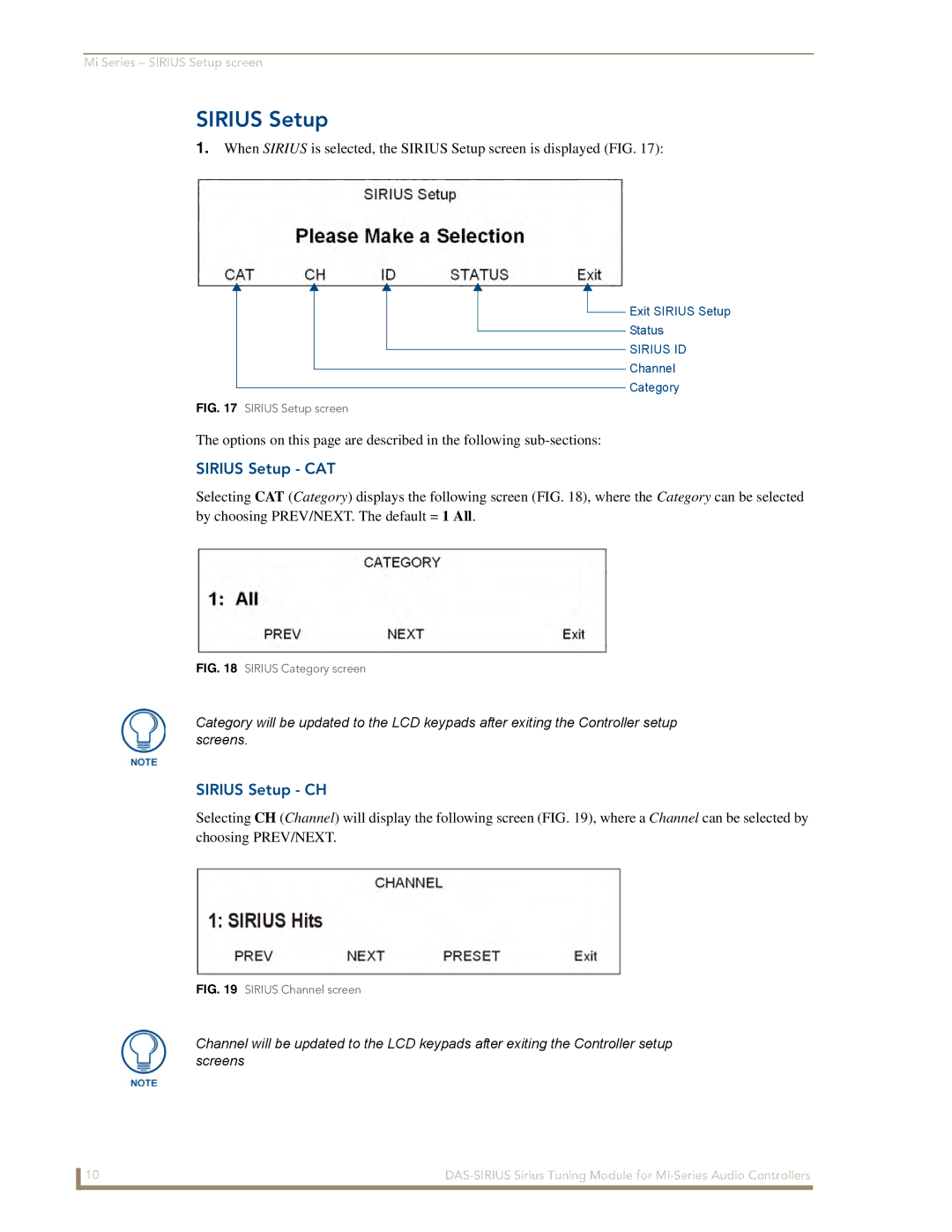 AMX DAS-SIRIUS manual Sirius Setup CAT, Sirius Setup CH 