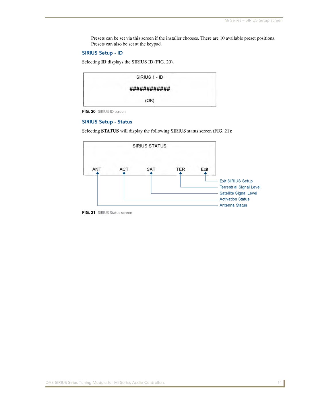 AMX DAS-SIRIUS manual Sirius Setup ID, Sirius Setup Status 