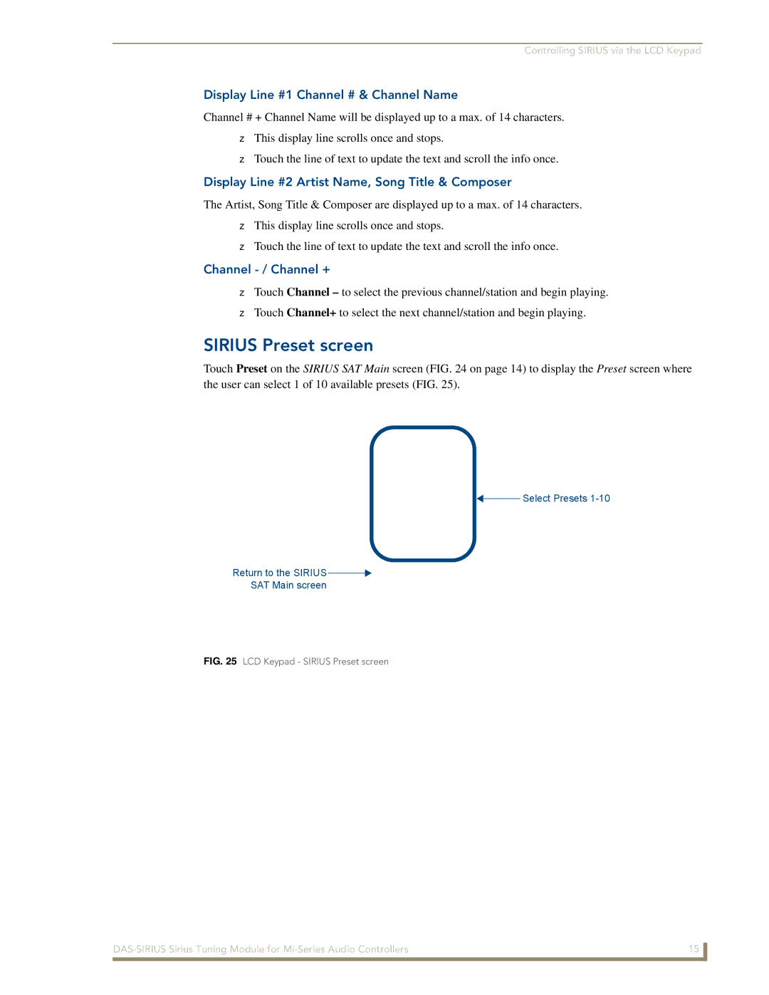 AMX DAS-SIRIUS manual Sirius Preset screen, Display Line #1 Channel # & Channel Name, Channel / Channel + 