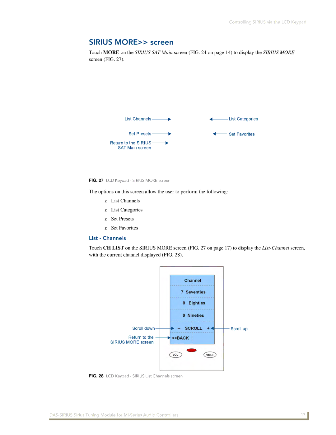 AMX DAS-SIRIUS manual Sirius More screen, List Channels 