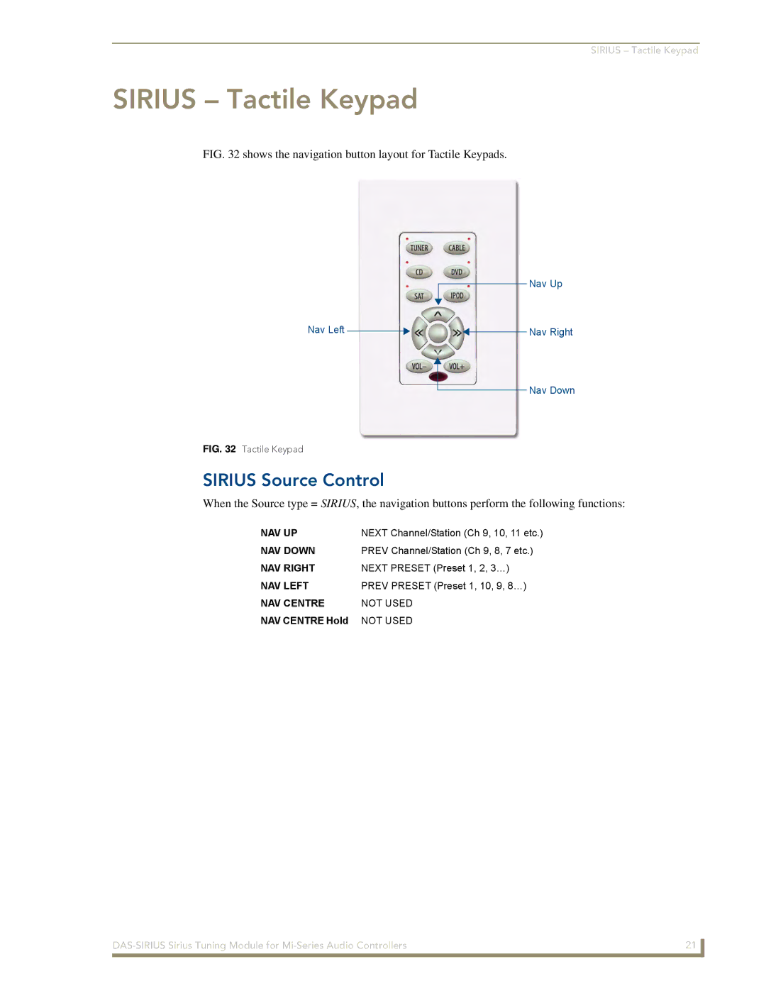 AMX DAS-SIRIUS manual Sirius Tactile Keypad, Sirius Source Control 