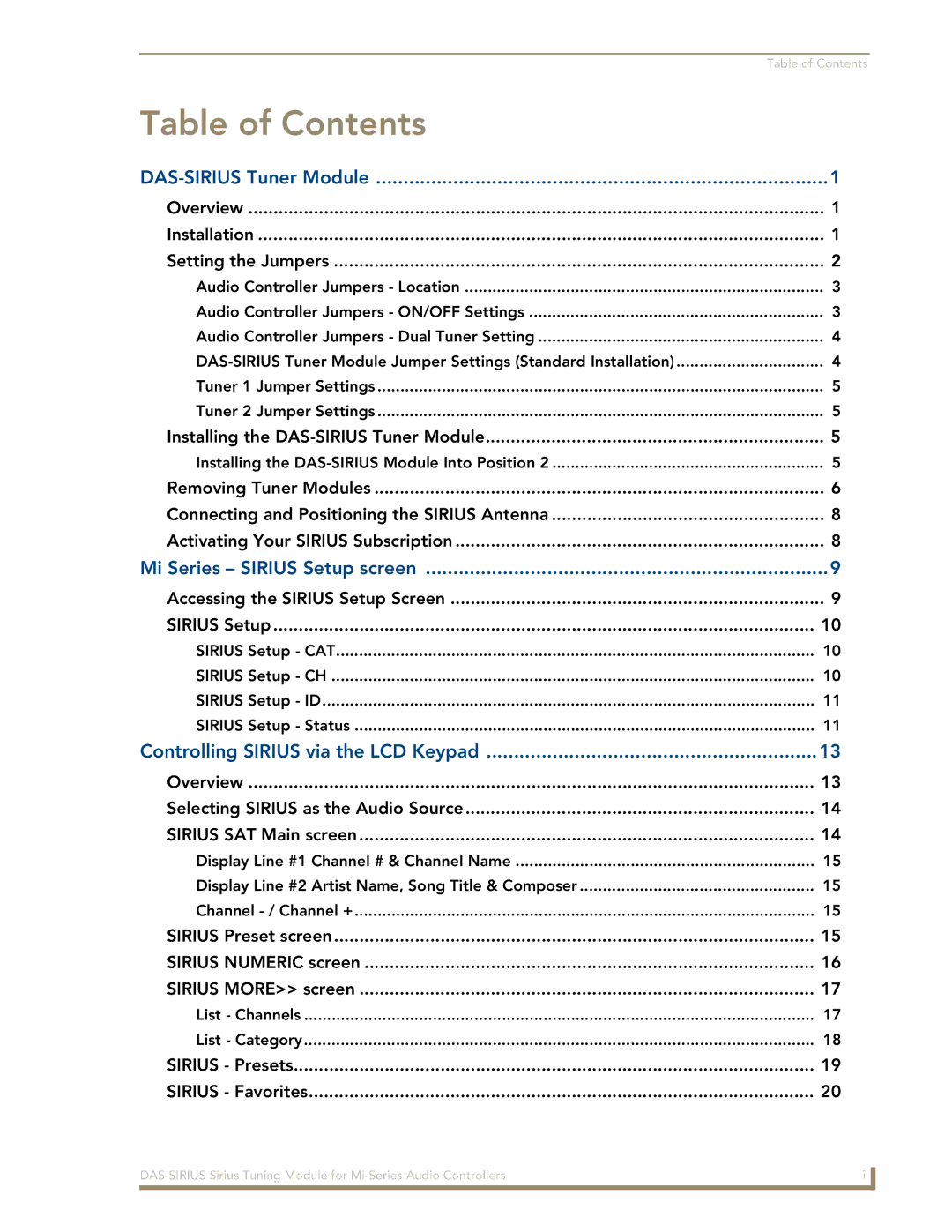 AMX DAS-SIRIUS manual Table of Contents 