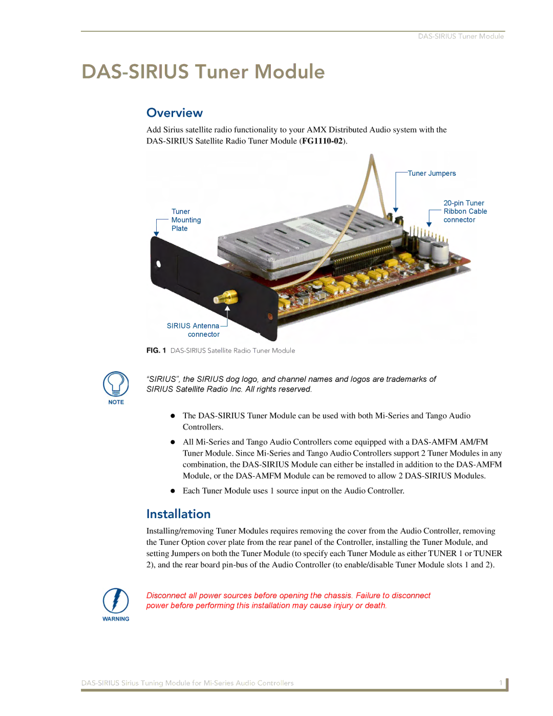 AMX manual DAS-SIRIUS Tuner Module, Overview, Installation 