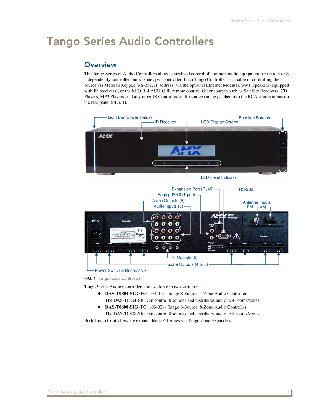 AMX DAS-T0808-SIG, DAS-T0804-SIG manual Tango Series Audio Controllers, Overview 