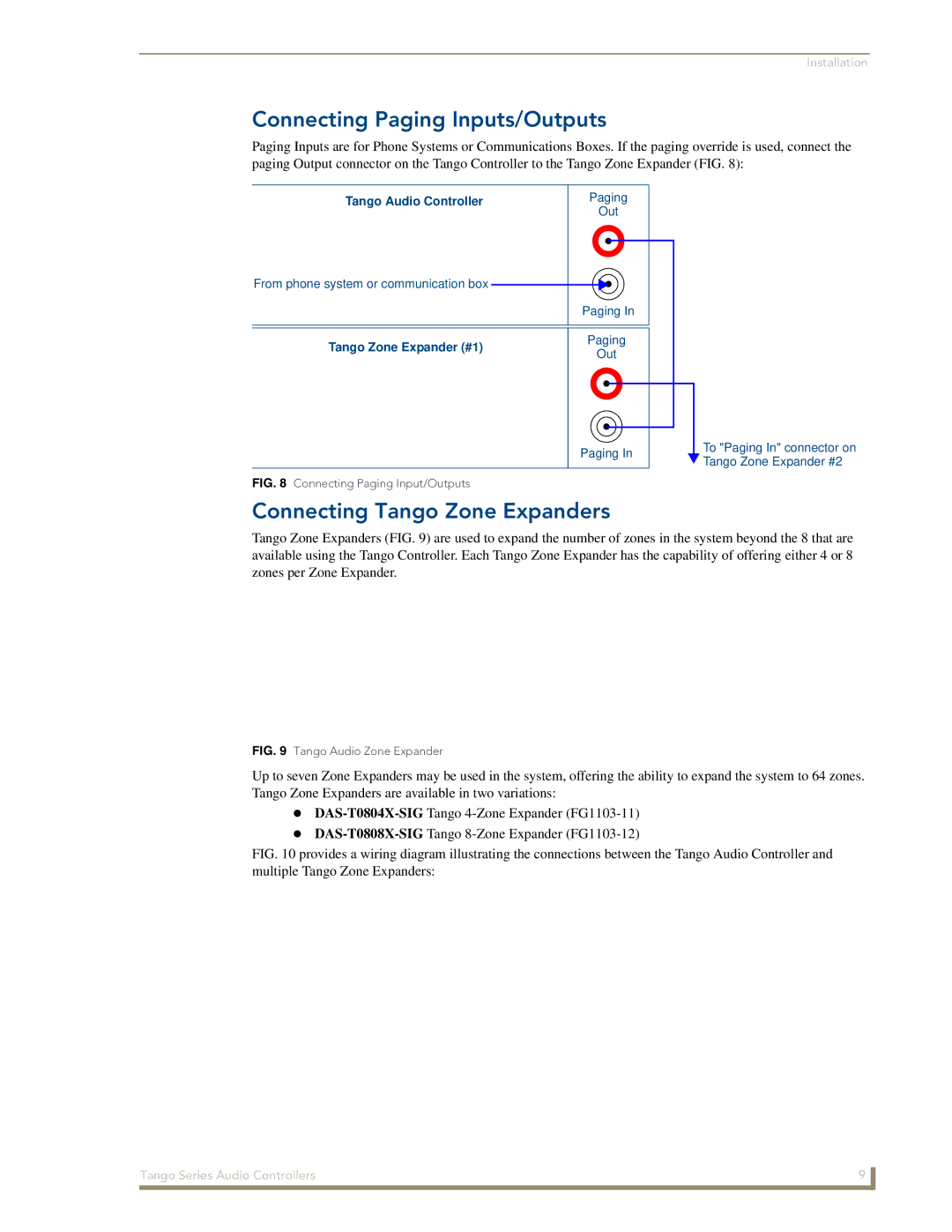 AMX DAS-T0808-SIG, DAS-T0804-SIG manual Connecting Paging Inputs/Outputs, Connecting Tango Zone Expanders 