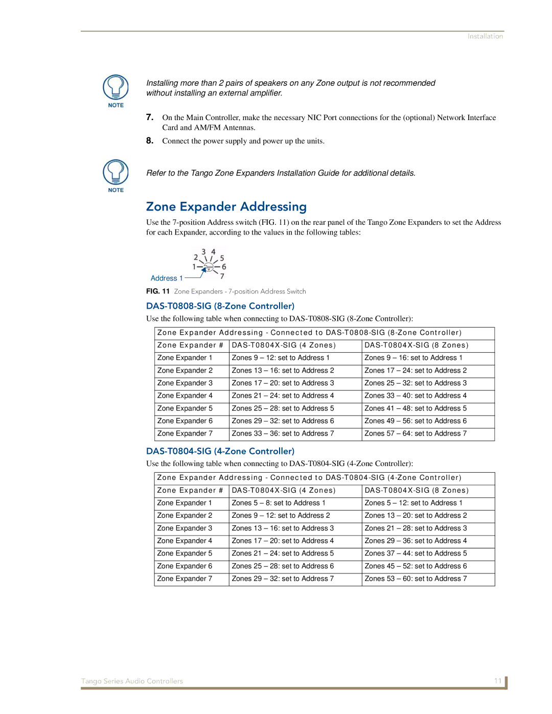 AMX manual Zone Expander Addressing, DAS-T0808-SIG 8-Zone Controller, DAS-T0804-SIG 4-Zone Controller 