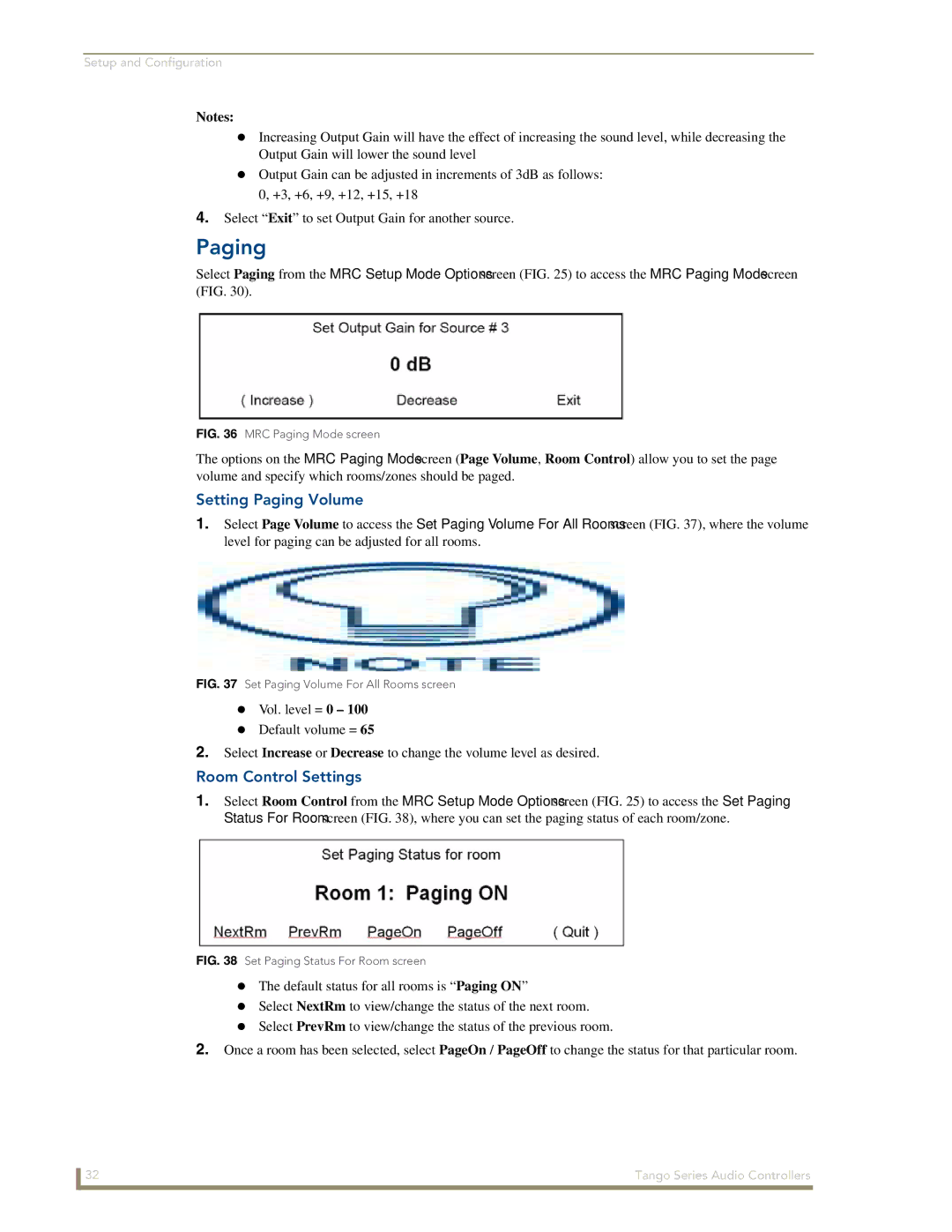 AMX DAS-T0804-SIG, DAS-T0808-SIG manual Setting Paging Volume, Room Control Settings 