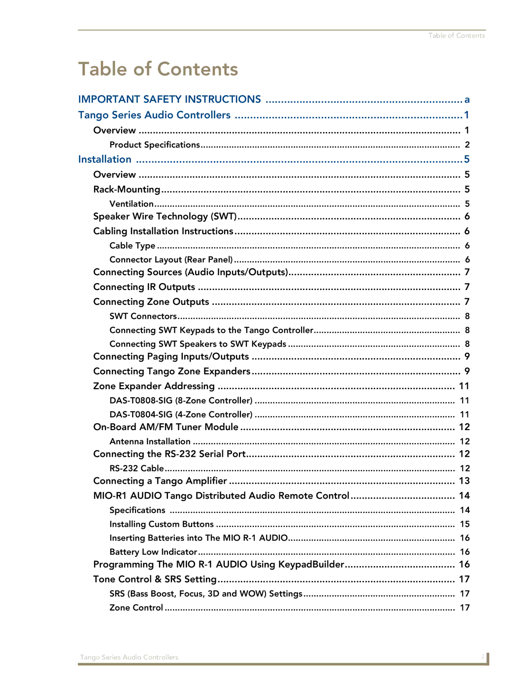 AMX DAS-T0808-SIG, DAS-T0804-SIG manual Table of Contents 