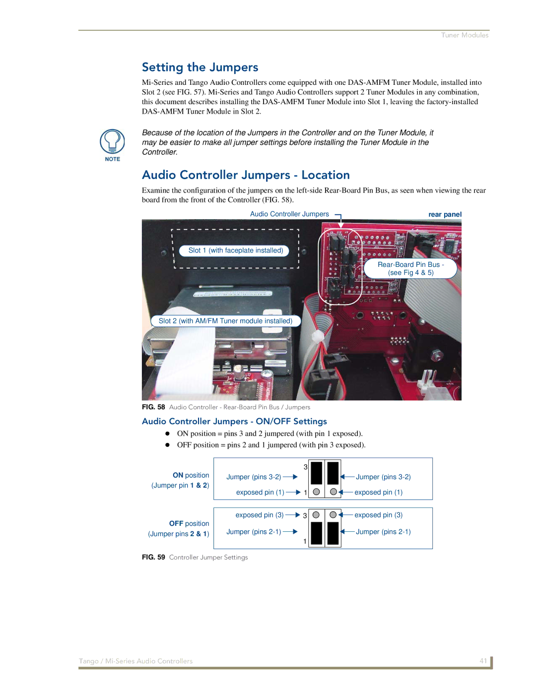 AMX DAS-T0808-SIG manual Setting the Jumpers, Audio Controller Jumpers Location, Audio Controller Jumpers ON/OFF Settings 